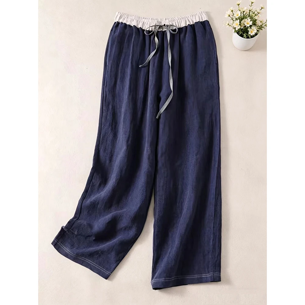 Loose Feel Wide Leg Pants Women's Summer Casual Straight Cut Loose Elastic Waist Draping Style Versatile Thin Cotton Linen