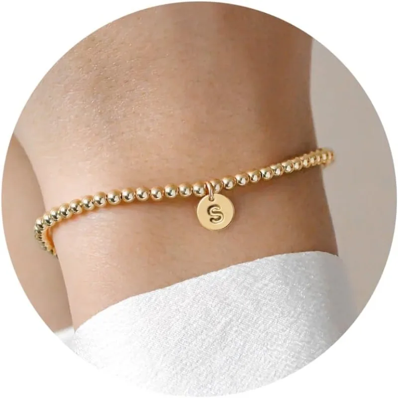 Gold Initial Bracelet for Women Teen Girls Mom - Dainty 18K Gold Plated STAINLESS STEEL Letter A-Z Charm Disc Bracelet Jewelry