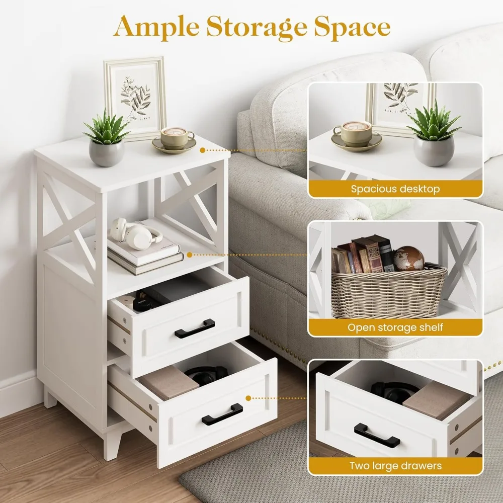 منضدة بيضاء 30 مرتفعة مع درجين ورف مفتوح، وطاولة بجانب السرير حديثة، وأرجل خشبية صلبة #4