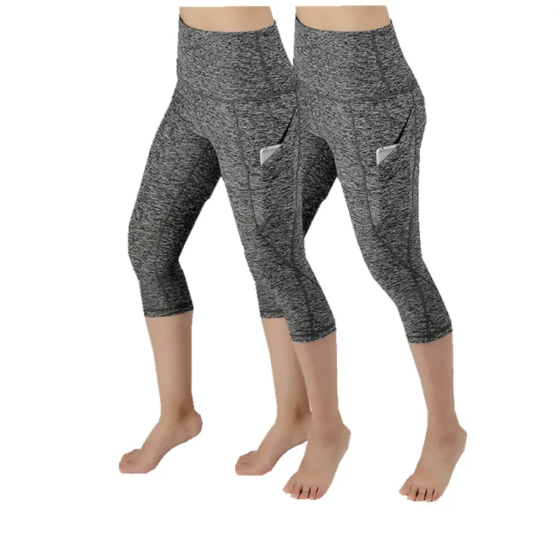 Damskie legginsy Gym sport Sexy dwie paczki zebrane przycięte spodnie wysokiej talii kieszenie treningowe legginsy moda w stylu Casual, ołówkowa