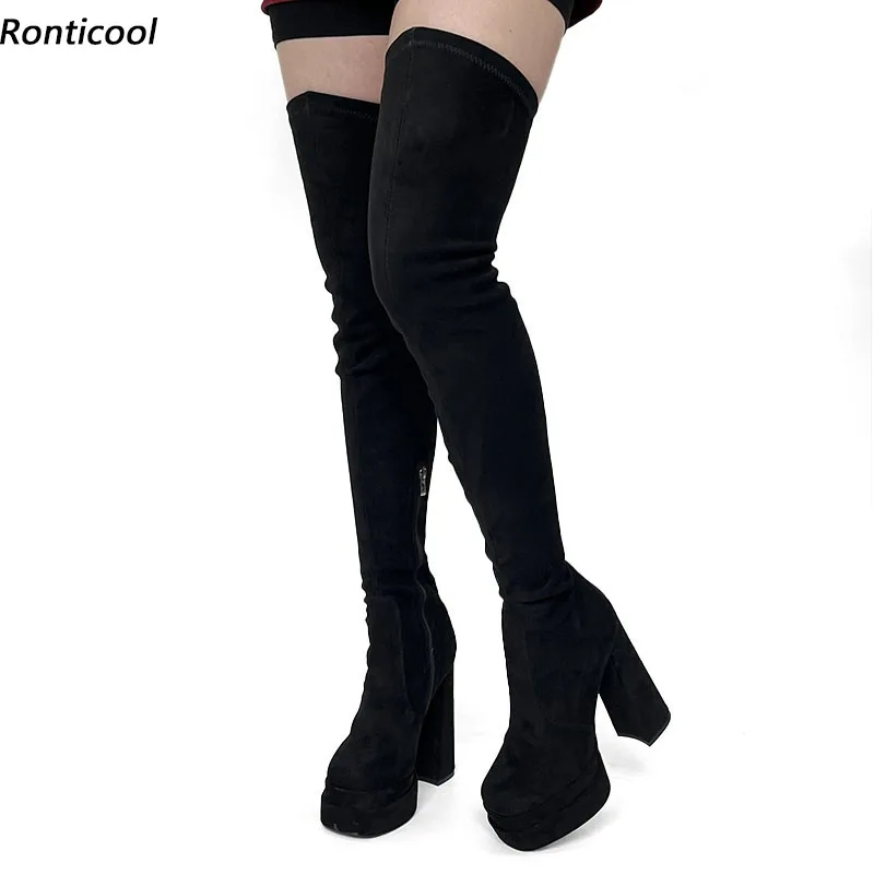 

Ronticool New Arrival Women Platform Spring Thigh Boots Suede Chunky Heel Square Toe Black Party Shoes Us Size 4-13