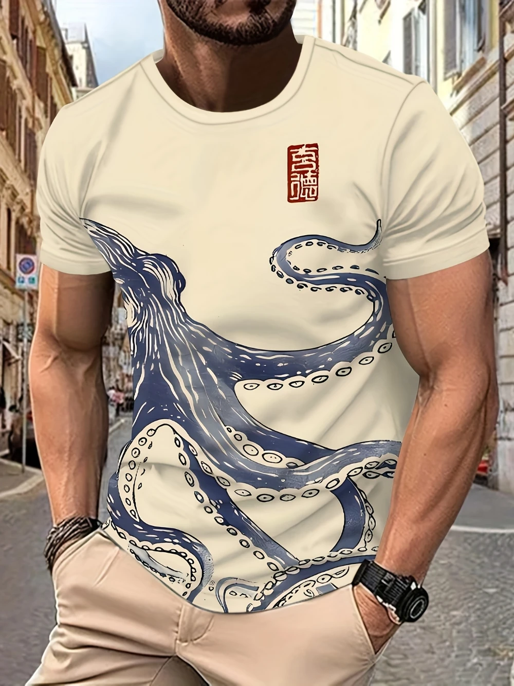 

New Men's Casual Octopus Printed Short Sleeve Street Style Pullover Light and Comfortable Sweat Absorbing Outdoor Sports Top