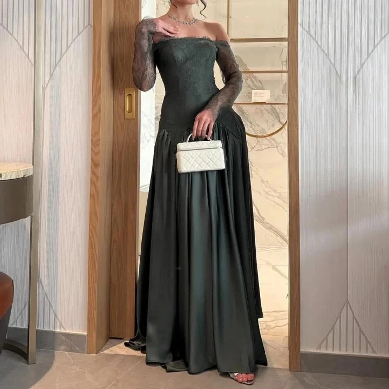 French Strapless Backless Banquet Evening Dress Elegant Lace Splice Long Sleeved Dress Lady Temperament Solid Off Shoulder Dress
