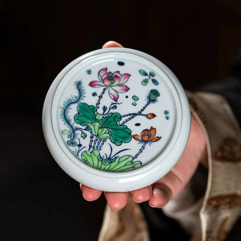 Ceramic cover, Jingdezhen blue and white bucket color hand-painted lotus tea pot lid holder coaster tea accessories