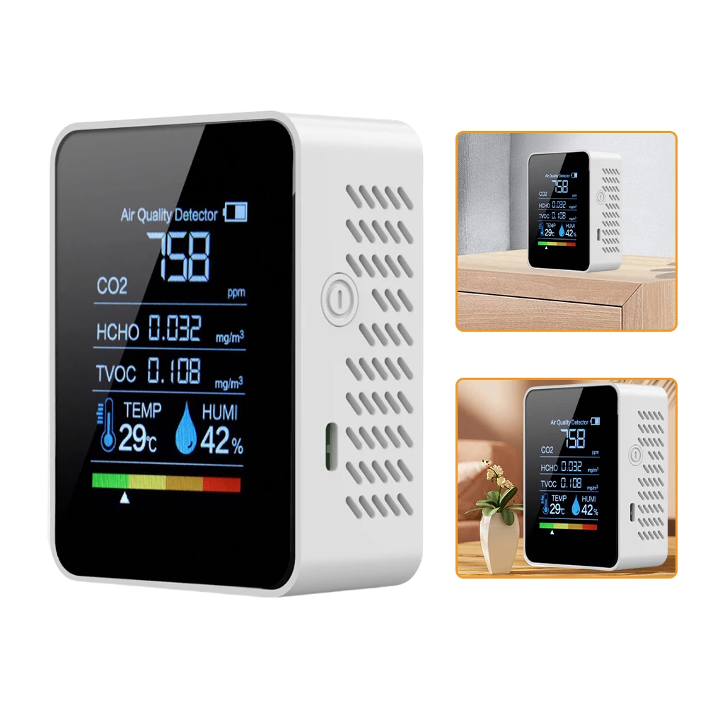 Home Air Quality Monitoring Carbon Dioxide Detector Indoor Air Quality Tester 4-color LED Lights Audible Alarm