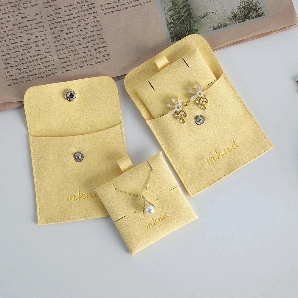 Custom Yellow Jewellery Pouch Button Snap Microfiber Jewelry Packaging Gift Bags Earring Necklace Organizer With Insert Pad Card