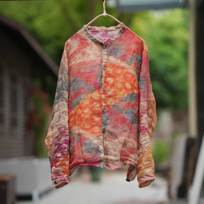 

100% Ramie Women Long Sleeve Shirt New Arrival 2026 Spring Vintage Style Floral Print Loose Female Casual Tops Shirts M2698