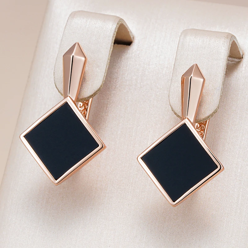 Kinel Hot Square Black Stone Dangle Earrings for Women Fashion 585 Rose Gold Color Accessories High Quality Daily Fine Jewelry