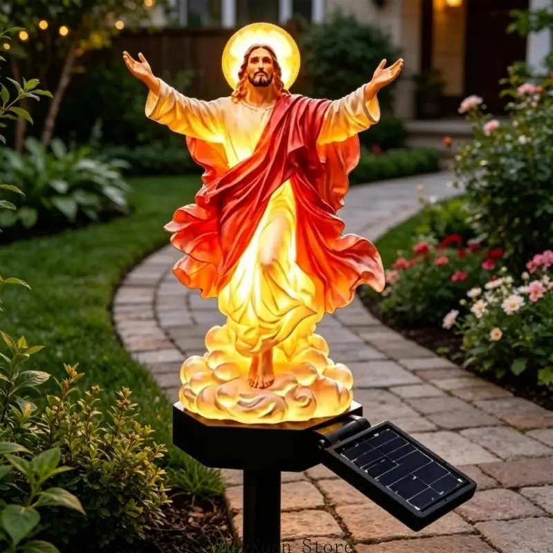 Resin Religious Figurine Stake Ornament with Solar Lamp for Garden Entry 3XUF