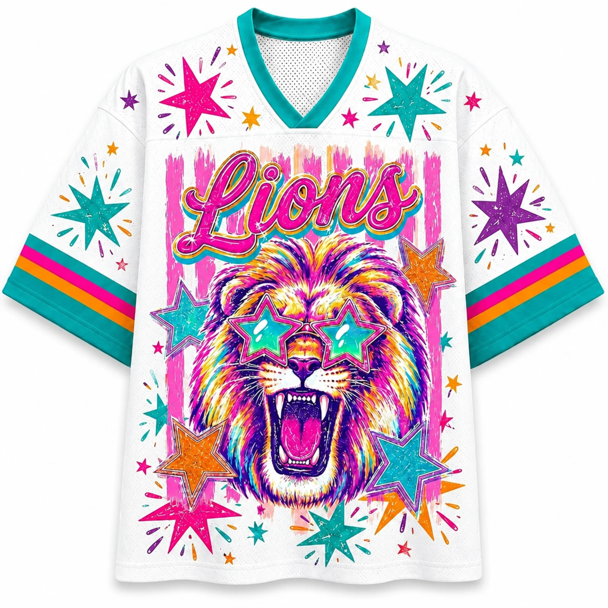 Vintage Graffiti Lion Graphic Short Sleeve Jersey Women Star Decor Striped Trim V Neck Mesh Casual Streetwear Sports T Shirt