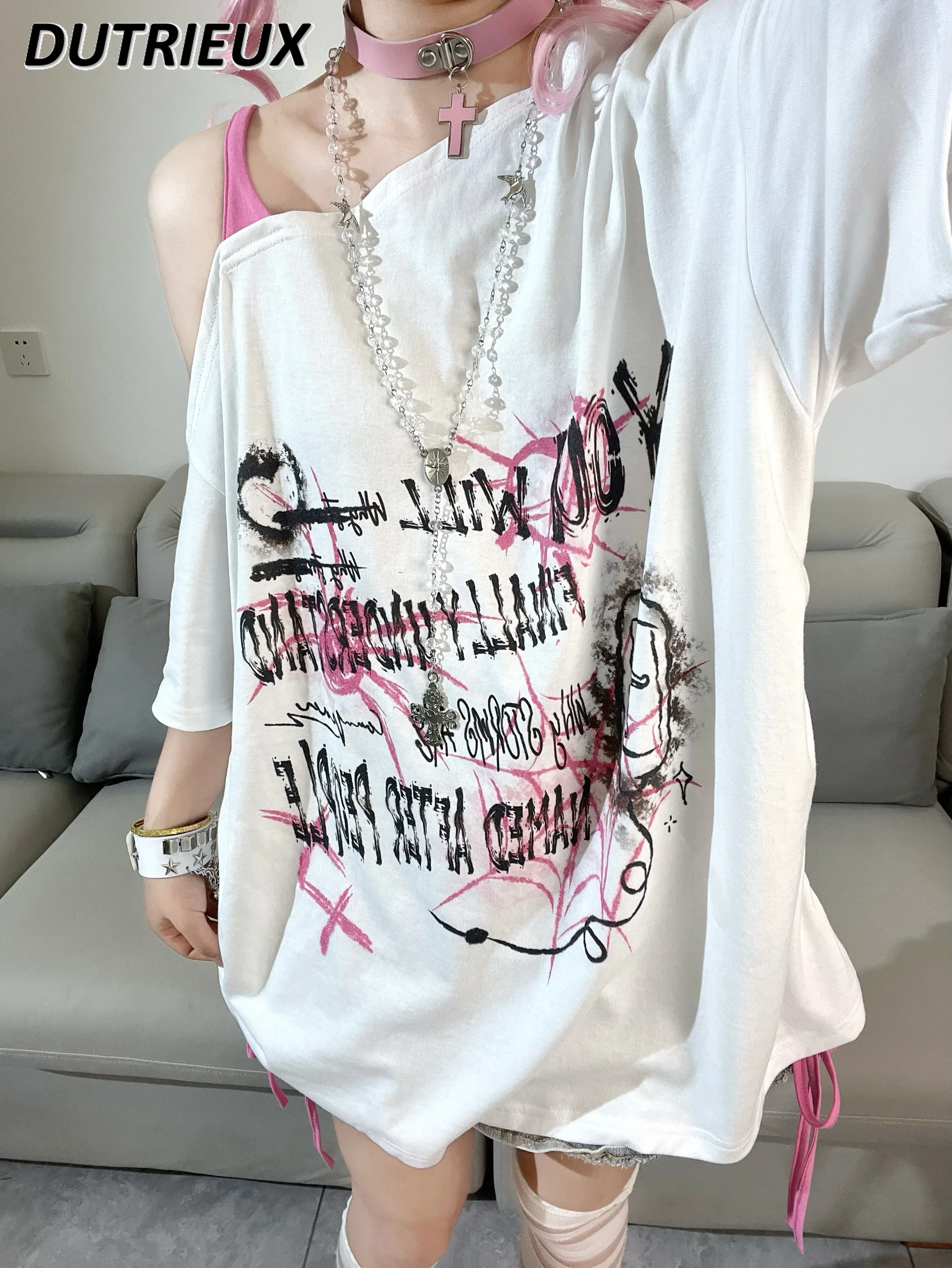 

Japanese Original New Diagonal Collar off-Shoulder Loose T-shirt Summer Letter Print Drawstring Short Sleeve Cute Girls' Tops