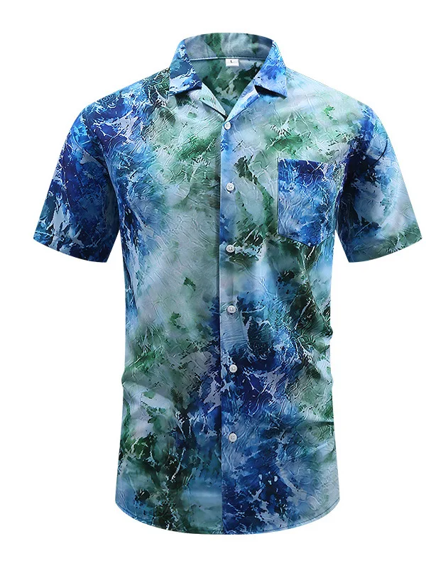 قميص رجالي مطبوع بزر واحد وياقة، بأكمام قصيرة وقصة ضيقة، مصنوع من ألياف البوليستر، أنيق وعصري للصيف مع جيب