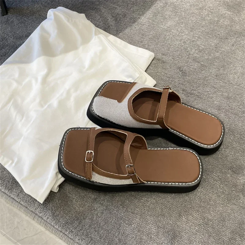 Platform Women Slipper Buckle Strap Ladies Shoes Brand Design Slip On Cozy Sandals Square Toe Leisure Zapatos Mujer Summer New