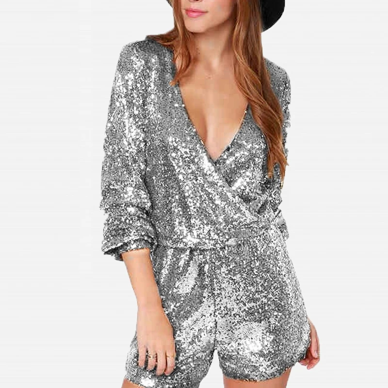 Sexy Wrap V-Hals Holle Party Romper Vrouwen Lente Glitter Pailletten Haaien Korte Jumpsuit Nieuwe Herfst Lange Mouw Playsuit Overalls