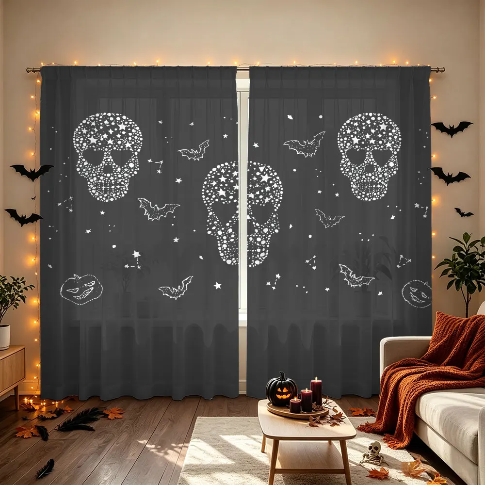 90G Rod Pocket Curtains 2 Panels, Glitter Skull Black Print Privacy Drapes, Gothic Dark Style Curtains for Living Room Bedroo