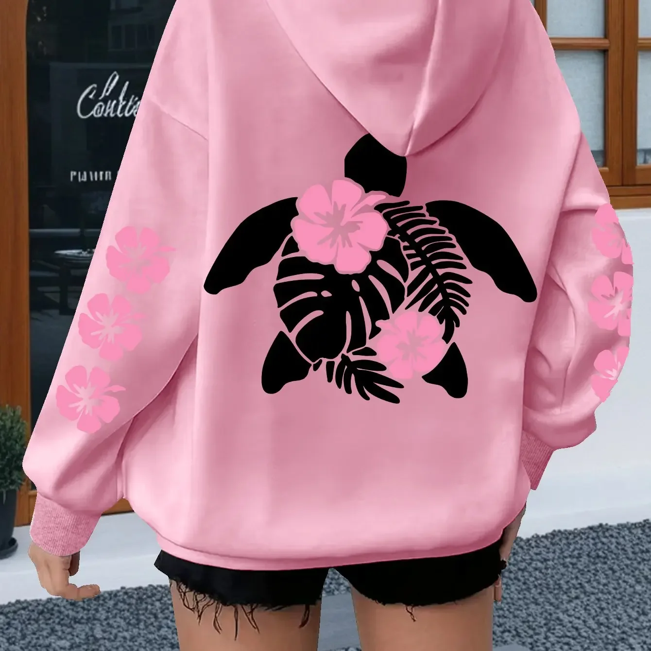 Men's Plus Size Oversized Hoodie - Sea Turtle & Pink Floral Print Kangaroo Pocket Casual Long Sleeve Sweatshirt Machine Washable