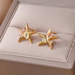 Zircon Star Starfish Stud Earrings For Women Stainless Steel Gold Color Statement Starfish Earring Femme Christmas Jewelry Gift