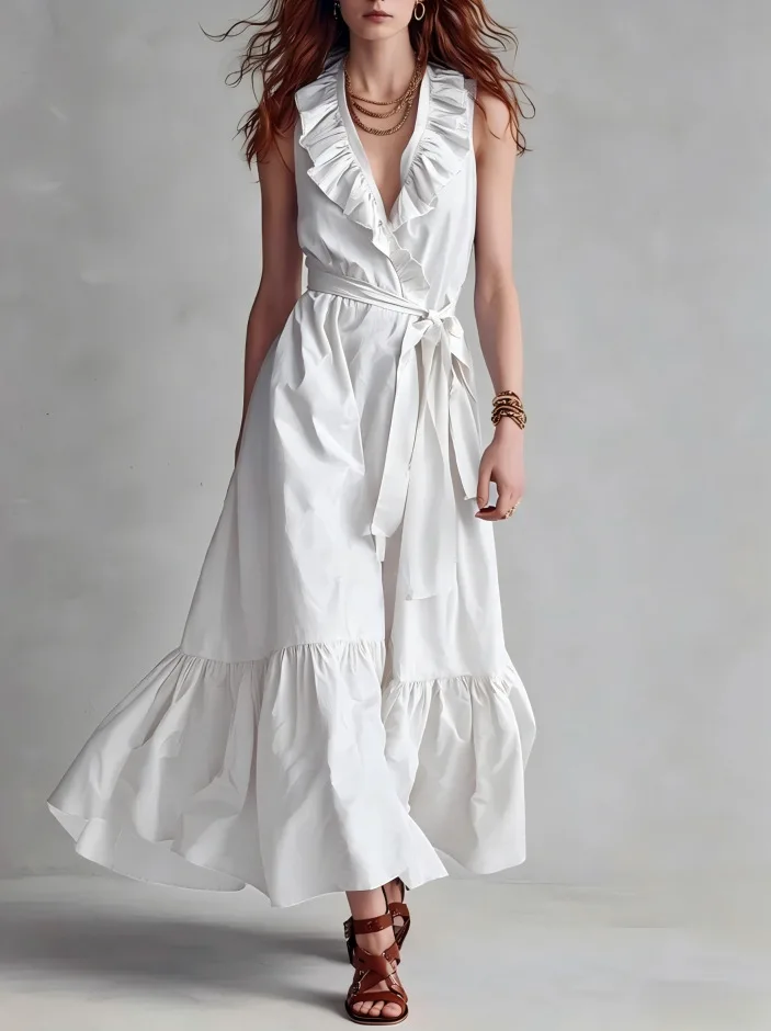 

Elegant Chic Women Long Dresses Casual Sleeveless Splic V Neck High Waist Dress Casual & Day Vacation Dress Solid Color Vestidos