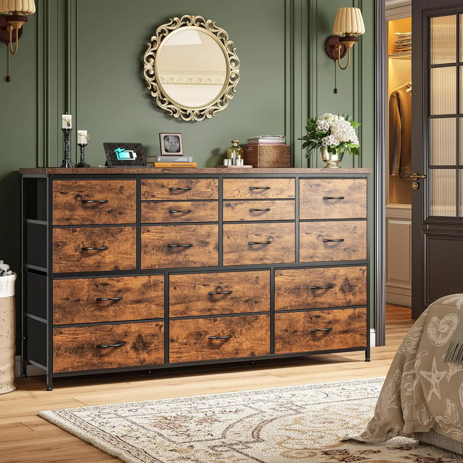 

Dresser for Bedroom with 16 Fabric Drawers Long Dresser with Charging Station TV Stand for 60" TV Dressers & Chest of Dr