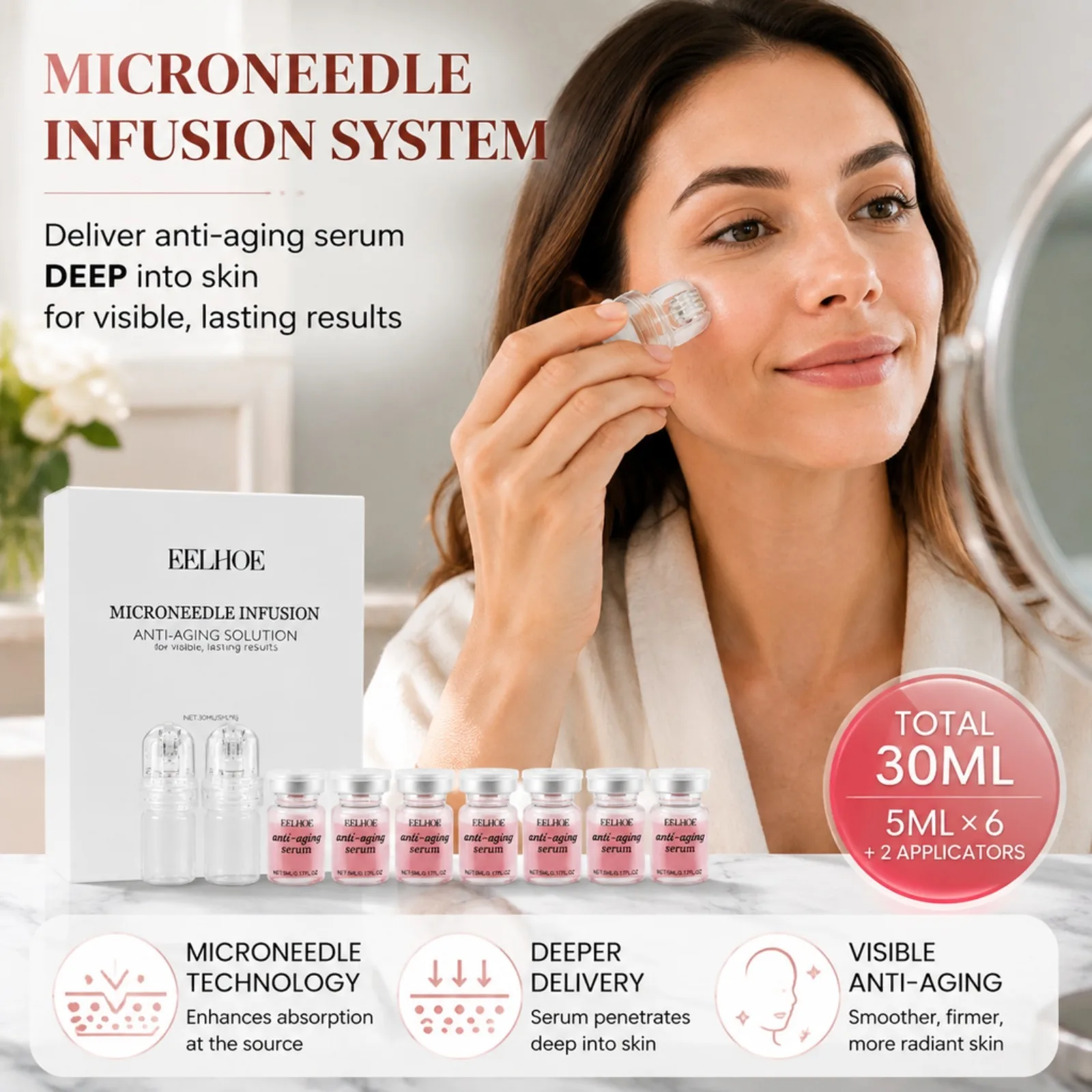 0.25mm Microneedle Roller Anti Aging Serum System to Leave Skin Firmer & Smoother with Collagen & Hyaluronic Acid Serum Suitable