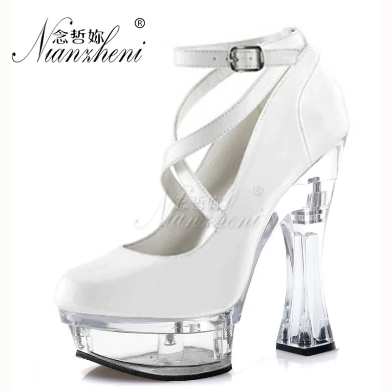 

Fashion Women's Crystal Spool Super High Heeled Pumps 14CM Patent Leather Big Size 6-Inch Concise All Match