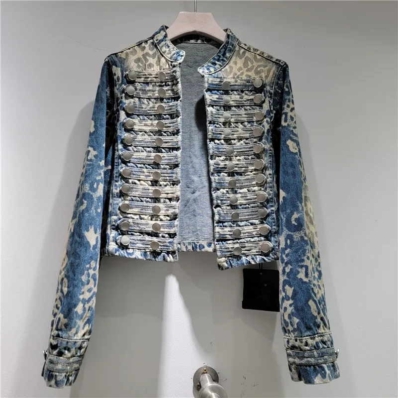 Vintage Print Short Denim Cardigan Jacket Stand Collar Multi-Row Buttons Decoration Long Sleeve Jeans Jacket Female Streetwear
