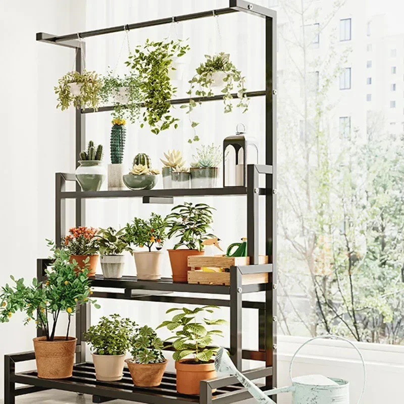 رف نباتات عرض طبقات رف عالمي خارجي معدني مربع رف نباتات رف فاخر أسود Plantenrek أثاث شرفة