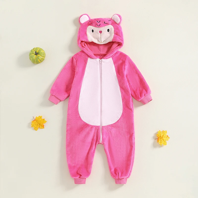 

Kids Girls Pink Jumpsuit Outfit Long Sleeve Hooded Zipper Closure Romper Cute Cosplay Monkey Costume Pajamas Loungewear Clothes