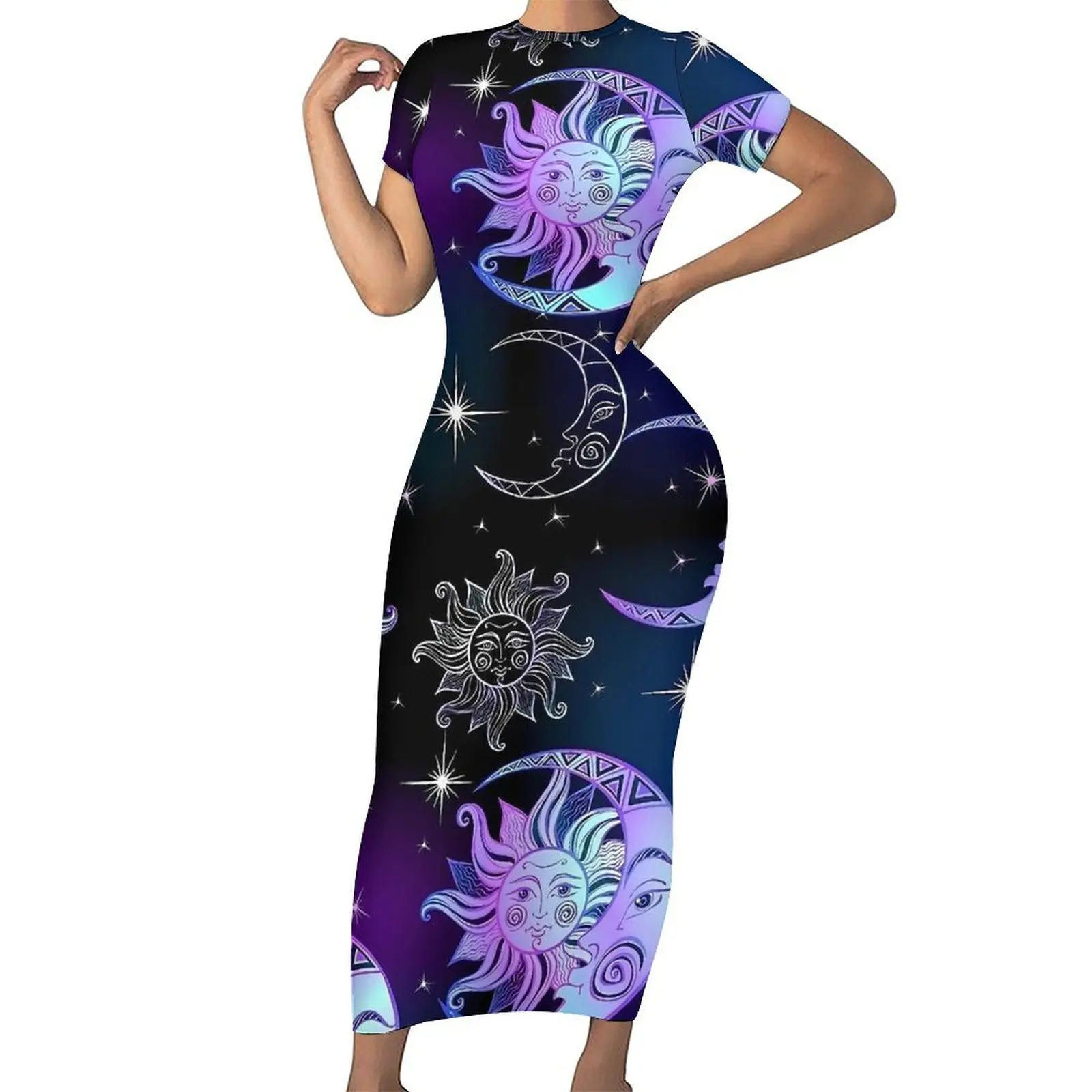 Whimsical Purple Moon And Star Cosmos Dress Short Sleeve Fashion Maxi Dresses Trendy Bodycon Dress Lady Design Oversized Vestido