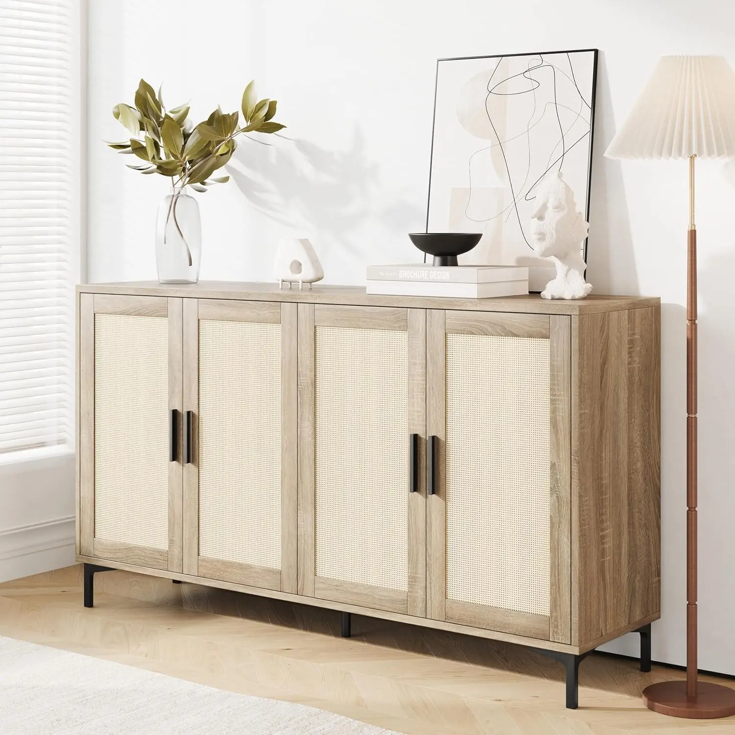 Side board-Küche Buffets chrank mit Rattan dekorierten Türen, Akzent Side board Schrank mit Türen, Kaffee Bar Schrank Rattan