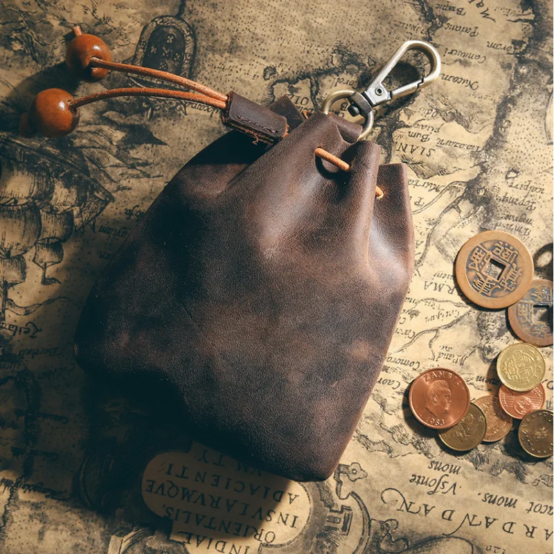 Handmade Leather Coin Purse Genuine Cowhide Minimalist Keychain Waist Bag Unisex Crazy Horse Multi-Function Pouch