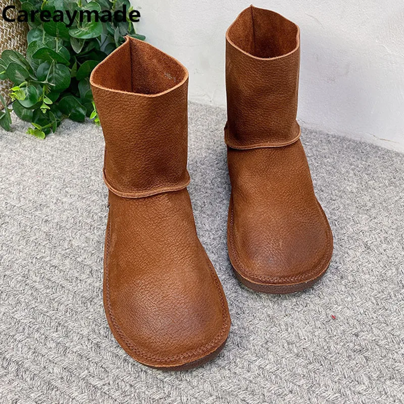 Careaymade-Genuine leather Women\'s shoes,Round Head Pure handmade Cowhide warm Boots comfortable Flat Forest Casual ankle boots