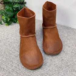 Careaymade-zapatos de piel auténtica para mujer, botas de piel de vaca con cabeza redonda sólida, botines planos hechos a mano de bosque, informales, otoño