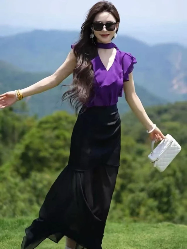 

Модный летний комплект для женщин: стильный комплект из 2 предметов, элегантная блузка и юбка миди