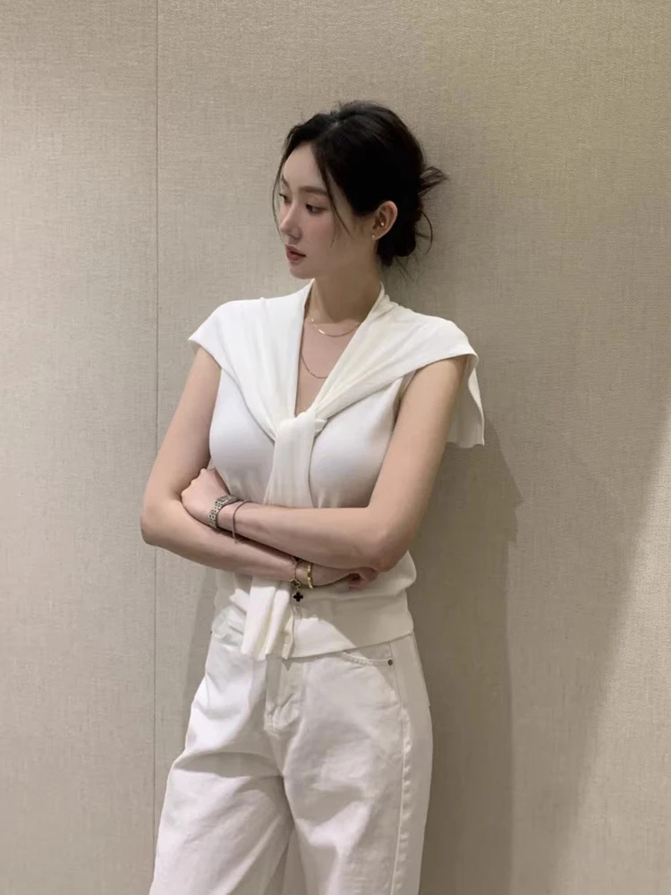 Slim Fit Knitted Vest Women's Faion Set Pure Color Summer New Sle Retro Personali Aesthetic oulder awl Two Piece Set