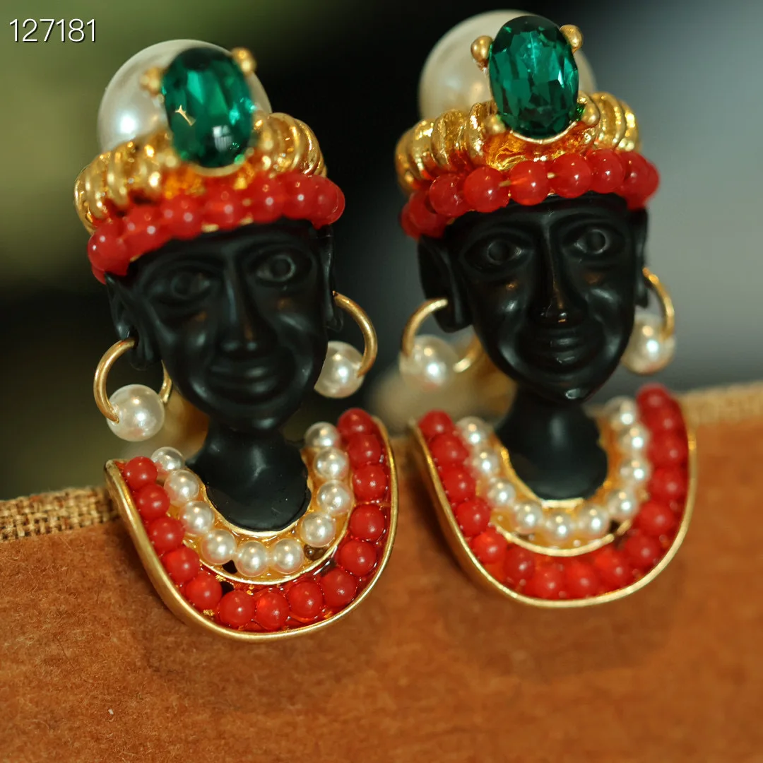 Vintage Black Figure Shape Drop Earrings Red Bead Pearl Emerald Crystal Decor Retro Statement Jewelry Gift