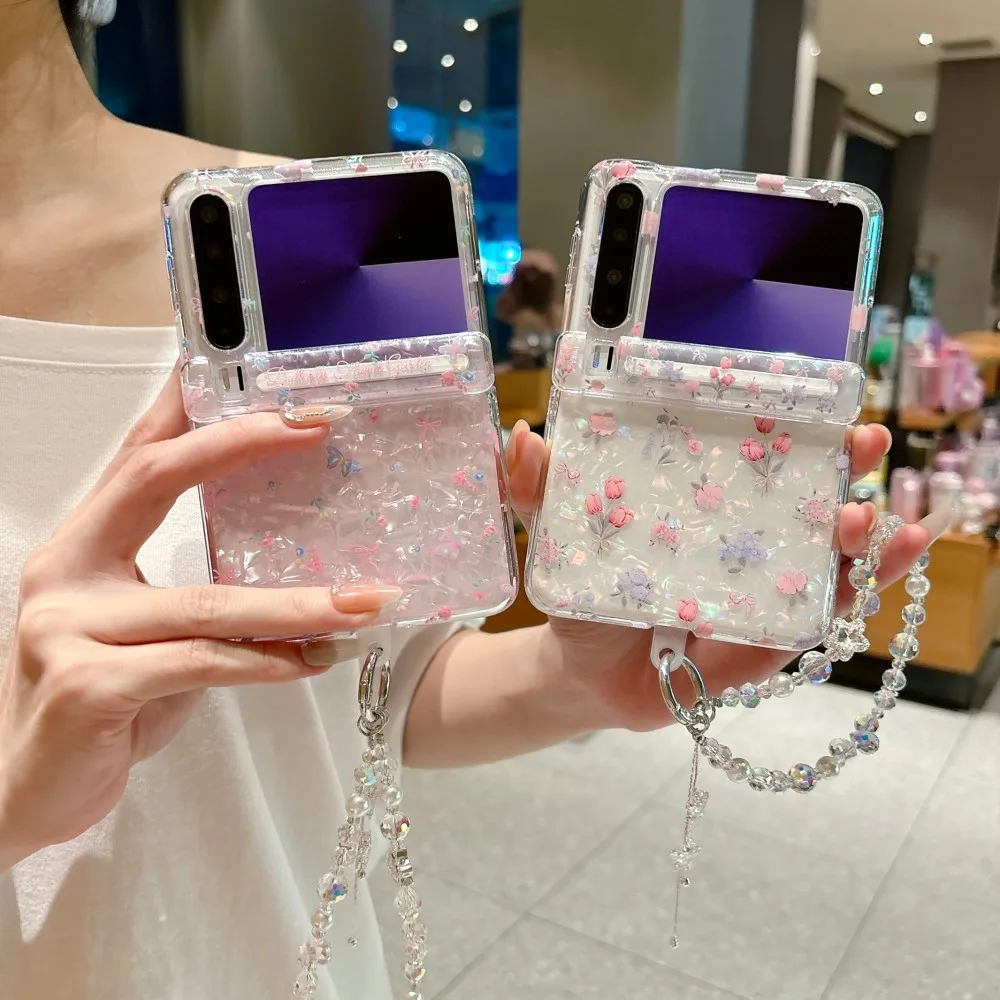 Floral Wrist Chain Shell Pattern Phone Case For Huawei Pura X Cover Magnetic Hinge Bracelet Protective Cover For Huawei Pura X