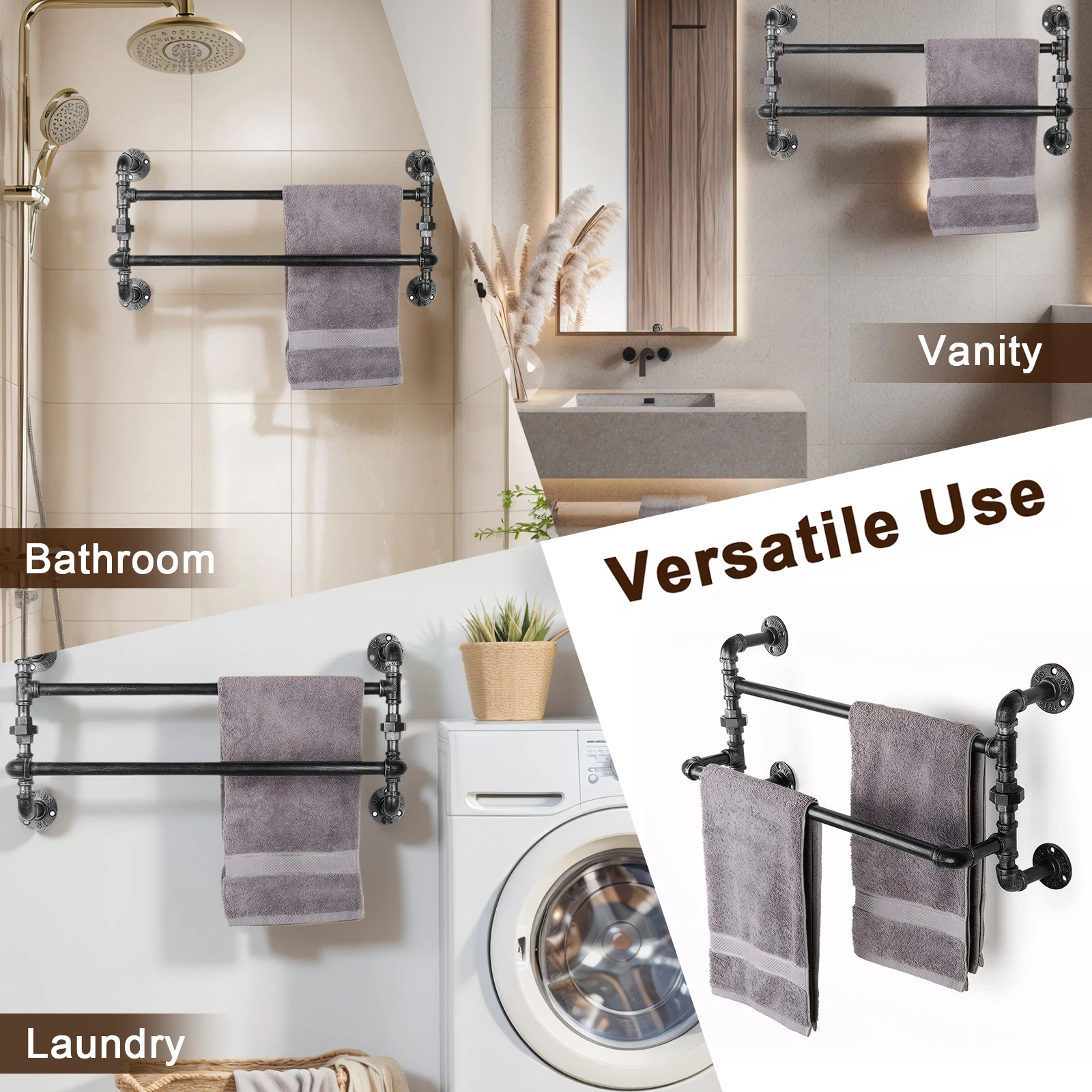 Rak Handuk Dinding Besi Tempa Industrial Vintage, Rak Kamar Mandi Pipa Rustic untuk Mengatur Handuk Mandi dan Lap