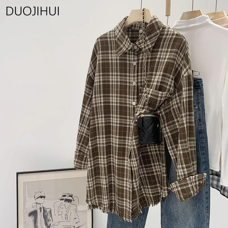 DUOJIHUI-Chemise classique à manches longues pour femme, vêtement simple et décontracté, à carreaux, vintage, pour document d'abonnés, à la mode, automne