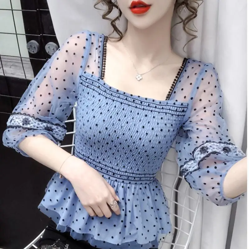 Women Korean Fashion Polka Dot Print Ruffle Blouse Sexy See Through Mesh Lace Patchwork Shirt Square Collar Half Sleeve Slim Top
