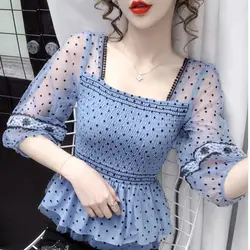 Women Korean Fashion Polka Dot Print Ruffle Blouse Sexy See Through Mesh Lace Patchwork Shirt Square Collar Half Sleeve Slim Top