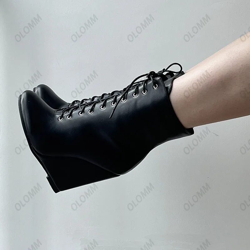 Olomm Handmade Women Winter Ankle Boots Wedges High Heels Round Toe Black Evening Shoes Women Plus US Size 5-20