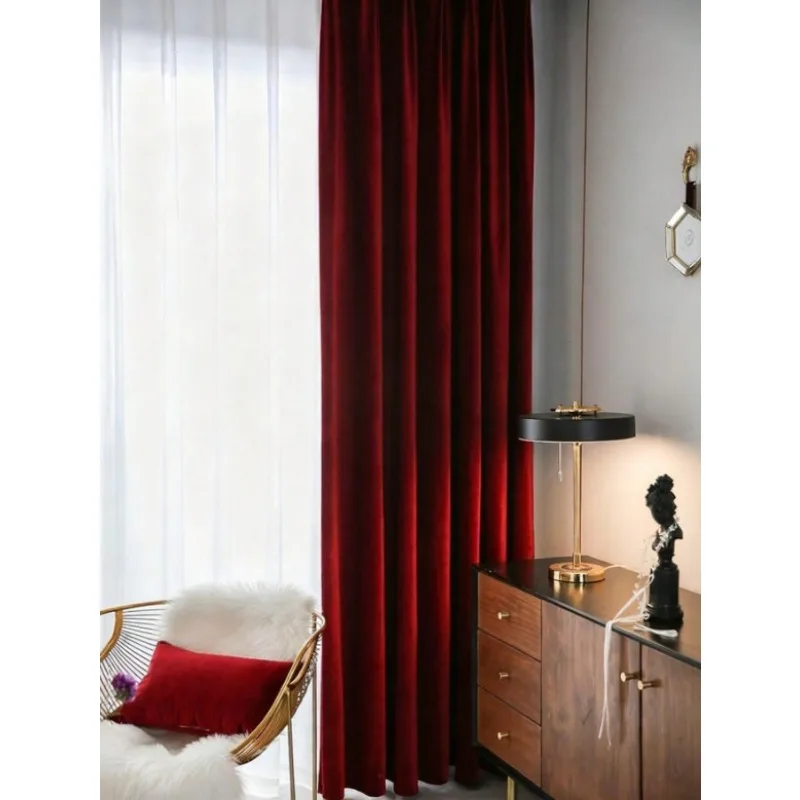1 Piece Modern Minimalist Red Living Room Curtains Bedroom Luxury Heavy Duty Insulated Velvet Curtains