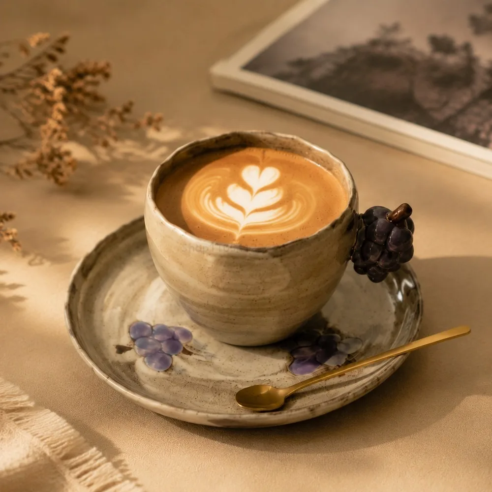 Vintage Rustic Pottery Grape Coffee Cup Saucer Set 250ml Handmade Ceramic Tea Cup Dish Ins Style Nordic Decor