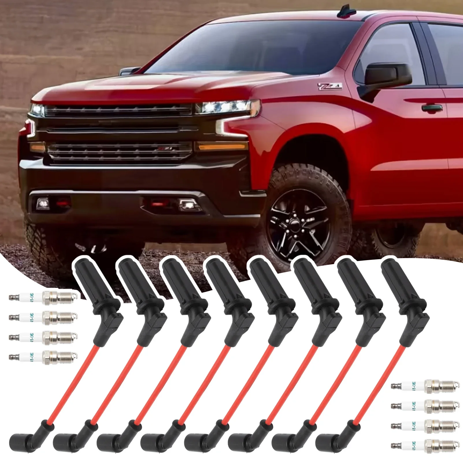 Jeu de fils de bougies d'allumage 9748HH 8,0 mm rouge + bougies d'allumage 41-962 pour Cadillac Escalade Chevy Silverado Suburban Tahoe GMC Sierra Yukon