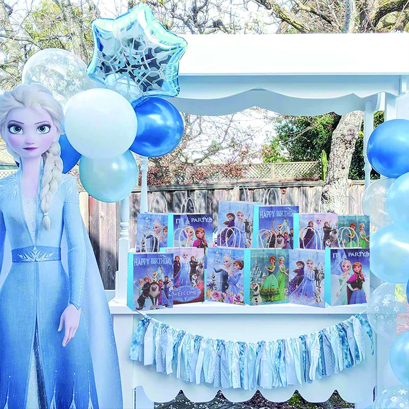 12pcs Frozen Party Gift Bags with Handle Queen Princess Party Kraft Paper Goodie Bag Girls Birthday Party Favors Bag Decorations