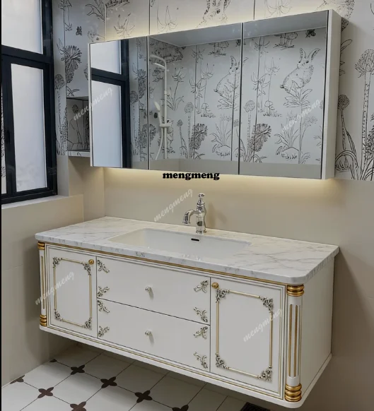 Haute couture French retro oak bathroom cabinet combination imported natural luxury stone washstand washbasin bathroom cabinet