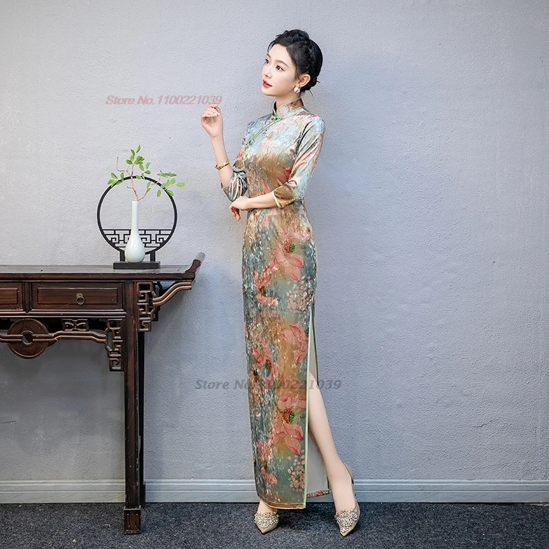 Vestido vintage chino cheongsam mejorado con estampado de flores nacionales, vestido de terciopelo para actuación en escenario, vestido de noche para banquete, 2024