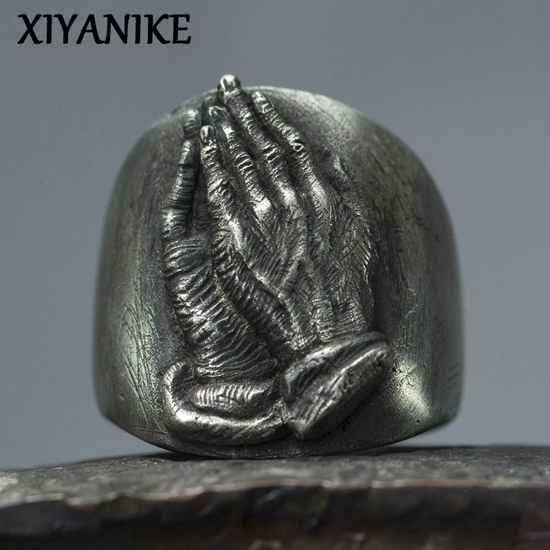 XIYANIKE Punk Vintage Prayer Hands Finger Rings For Men Women Hip Hop Fashion New Jewelry Gift Party Rock Street anillos mujer