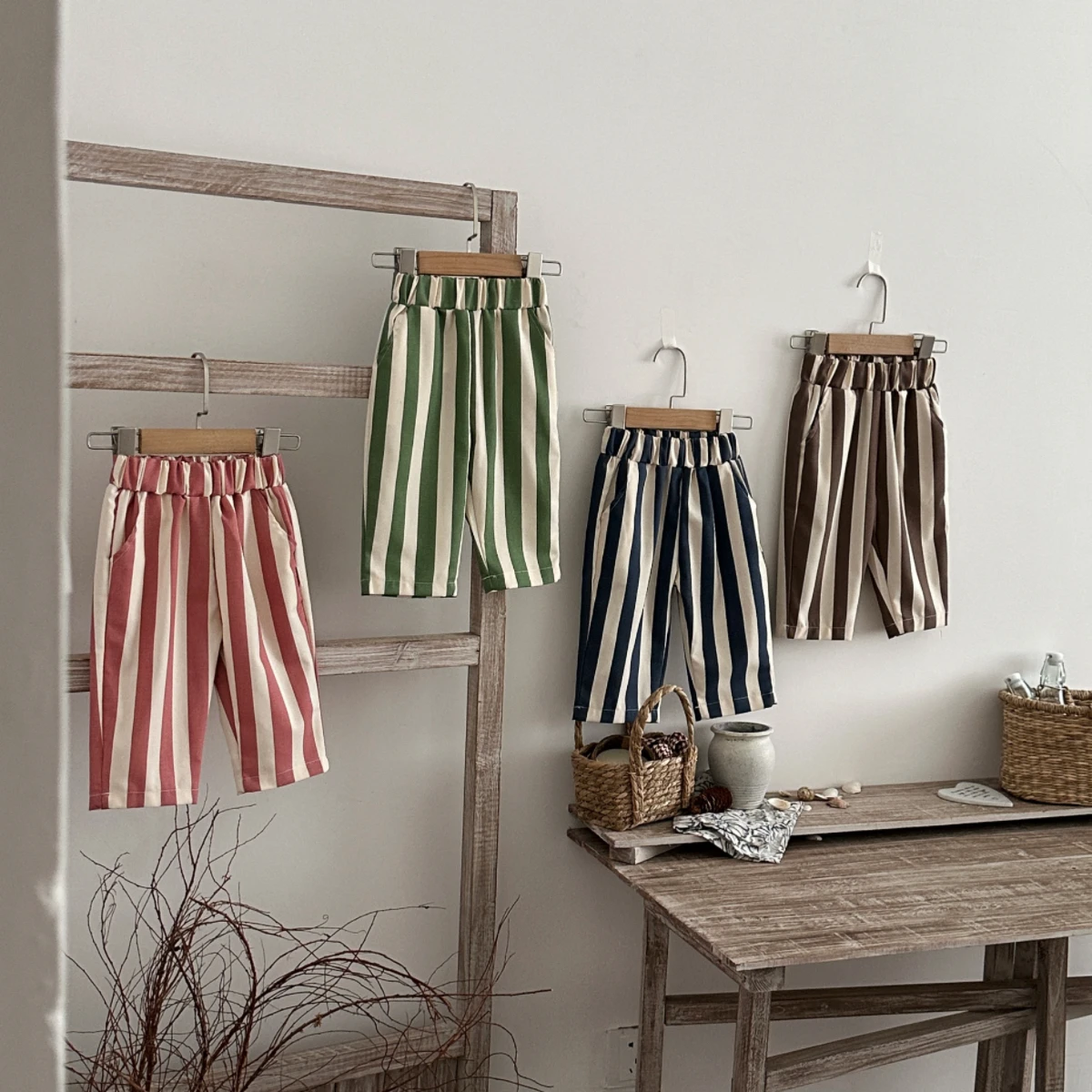 Spring Baby Retro Striped Loose Trousers Elastic Gathered Waist Side Pockets Soft Comfortable Kids Casual Pants